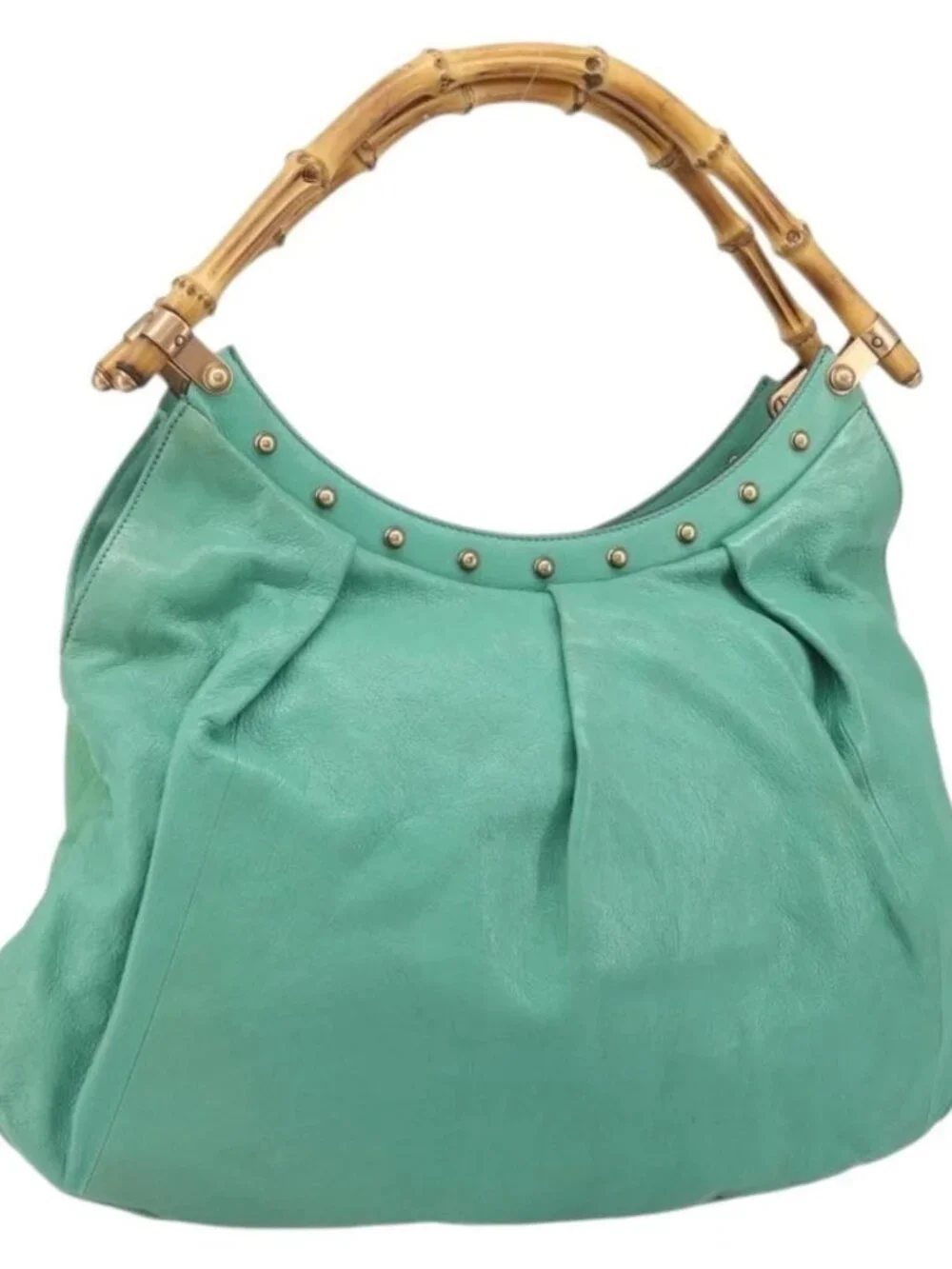GUCCI Bamboo Shoulder Bag Leather Green Gold 124293 Auth 169684